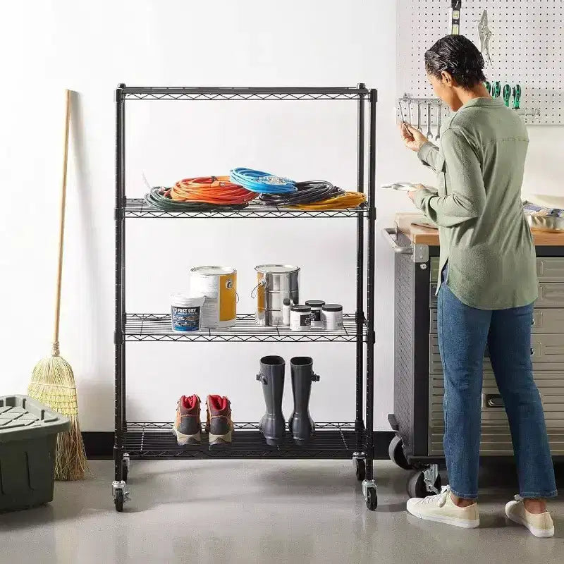 4 - Shelf Heavy Duty Steel Wire Rack Storage Shelving Organizer Kitchen Garage 36 Inch Lx 14 Inch Wx 54 Inch H Black Adjustable