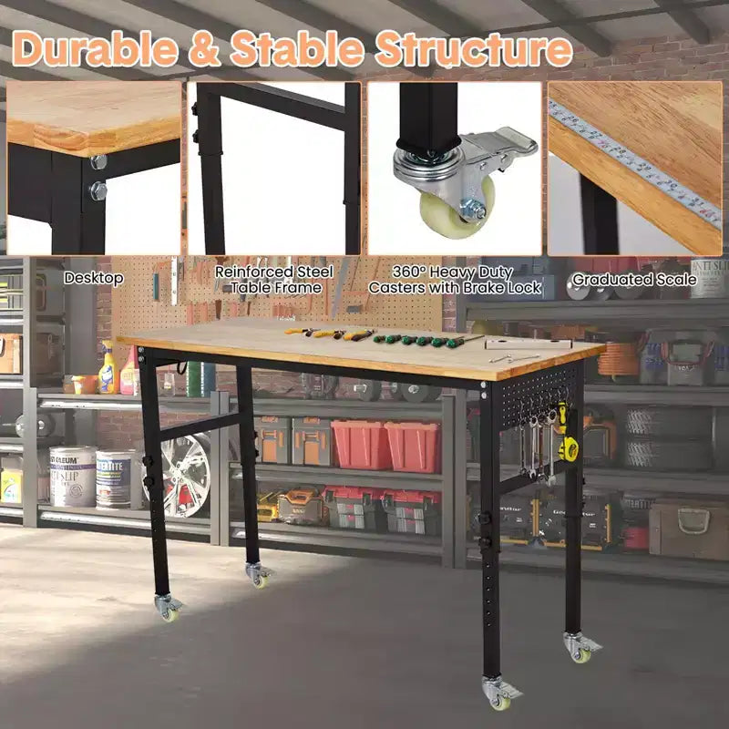 48 Adjustable Workbench with Scale, Pegboard and 6 Hooks, 29.5 - 39.4 Adjustable Height, 2200 LBS Load Capacity Portable Worktable for Workshop