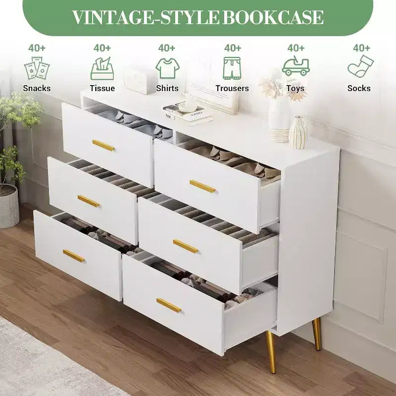 Acekool 6 Drawer Dresser, Modern Chest with Gold Handles and Legs, Storage Cabinet for Bedroom or Living Room