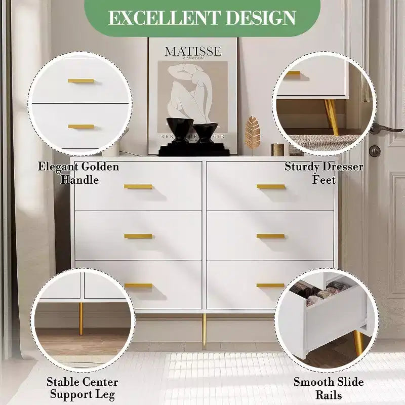 Acekool 6 Drawer Dresser, Modern Chest with Gold Handles and Legs, Storage Cabinet for Bedroom or Living Room