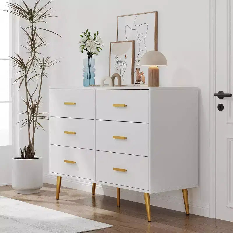 Acekool 6 Drawer Dresser, Modern Chest with Gold Handles and Legs, Storage Cabinet for Bedroom or Living Room