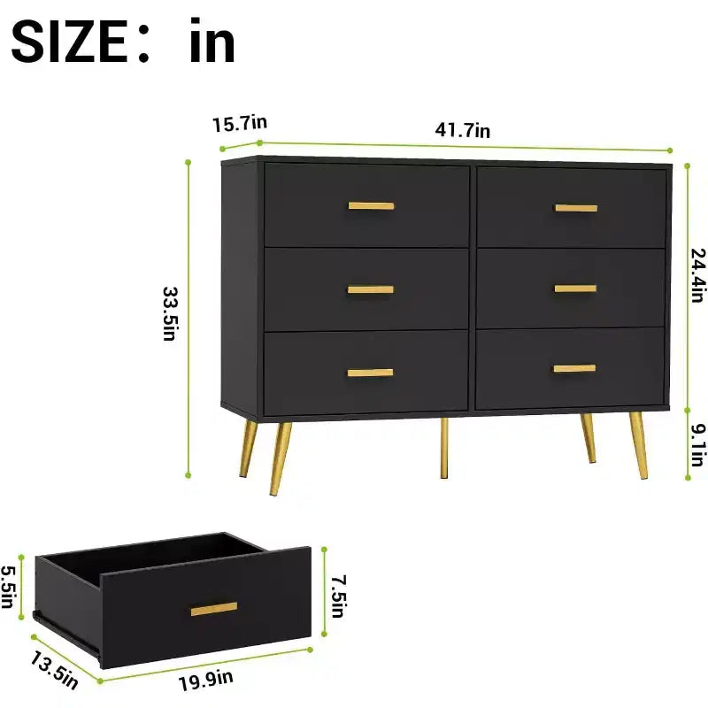 Acekool 6 Drawer Dresser, Modern Chest with Gold Handles and Legs, Storage Cabinet for Bedroom or Living Room