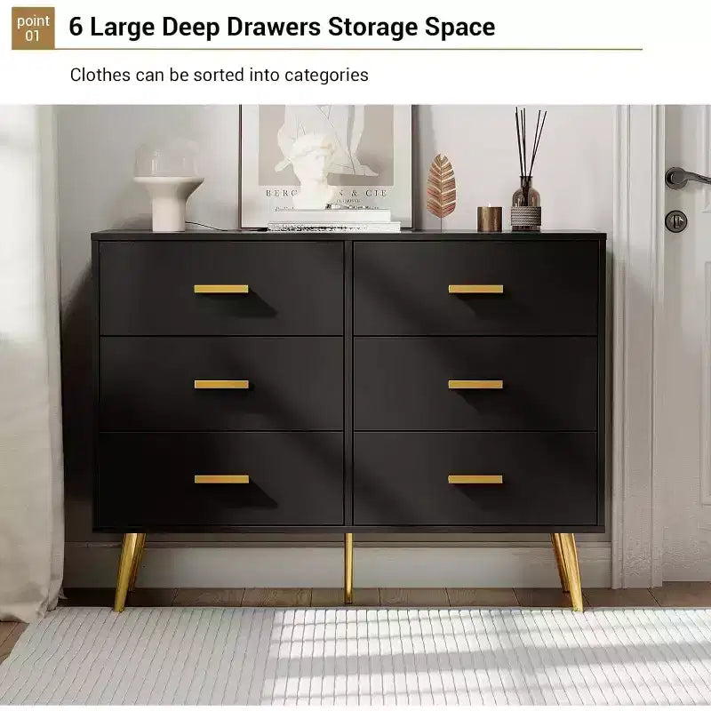 Acekool 6 Drawer Dresser, Modern Chest with Gold Handles and Legs, Storage Cabinet for Bedroom or Living Room