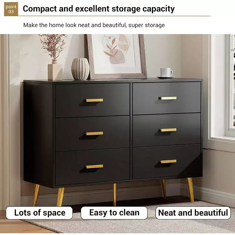 Acekool 6 Drawer Dresser, Modern Chest with Gold Handles and Legs, Storage Cabinet for Bedroom or Living Room