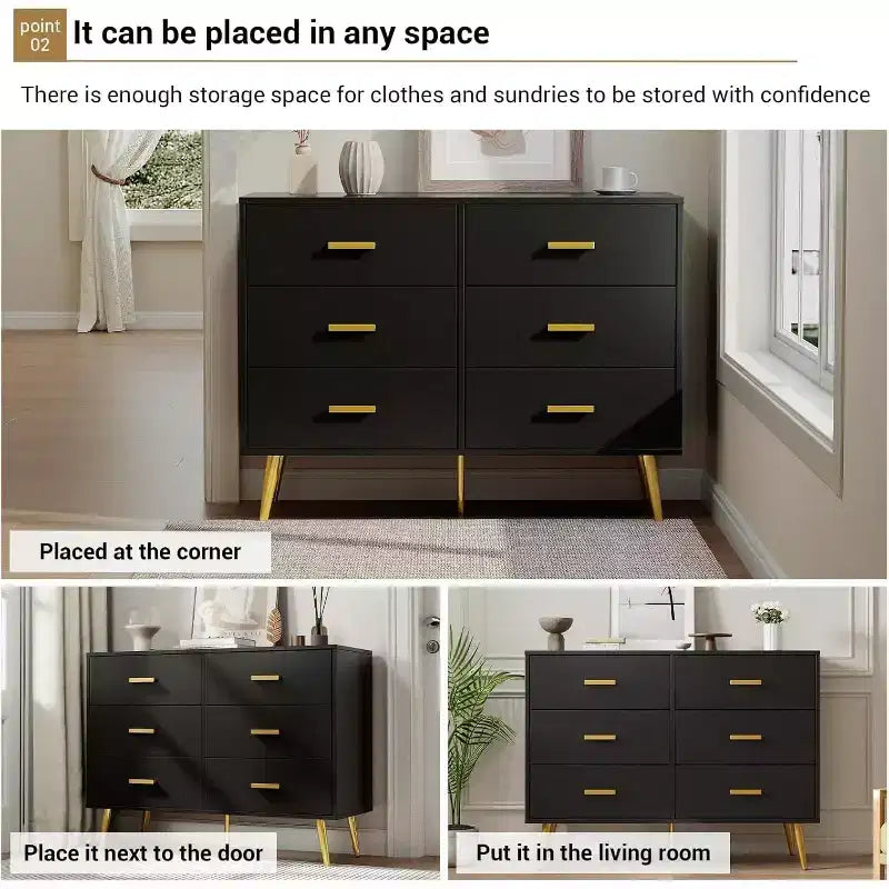 Acekool 6 Drawer Dresser, Modern Chest with Gold Handles and Legs, Storage Cabinet for Bedroom or Living Room