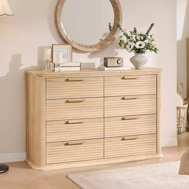 Zeus & Ruta Fluted 52 Modern Wood Dresser with 8 Drawers, Curved Design for Living Room & Hallway Storage