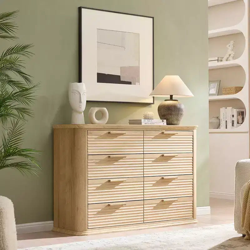 Zeus & Ruta Fluted 52 Modern Wood Dresser with 8 Drawers, Curved Design for Living Room & Hallway Storage