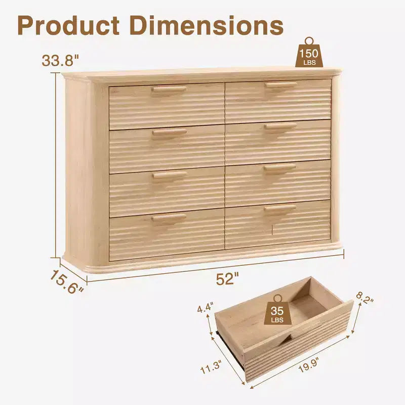 Zeus & Ruta Fluted 52 Modern Wood Dresser with 8 Drawers, Curved Design for Living Room & Hallway Storage