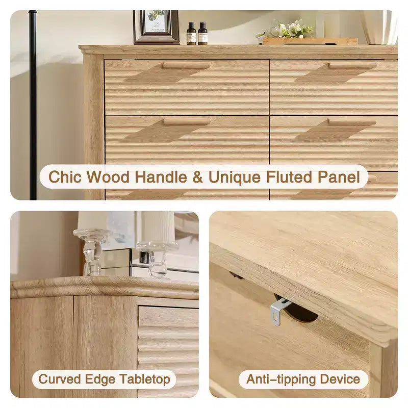 Zeus & Ruta Fluted 52 Modern Wood Dresser with 8 Drawers, Curved Design for Living Room & Hallway Storage