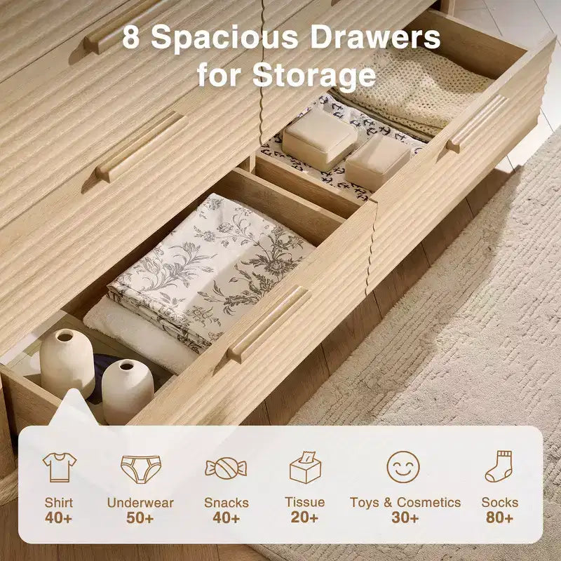 Zeus & Ruta Fluted 52 Modern Wood Dresser with 8 Drawers, Curved Design for Living Room & Hallway Storage