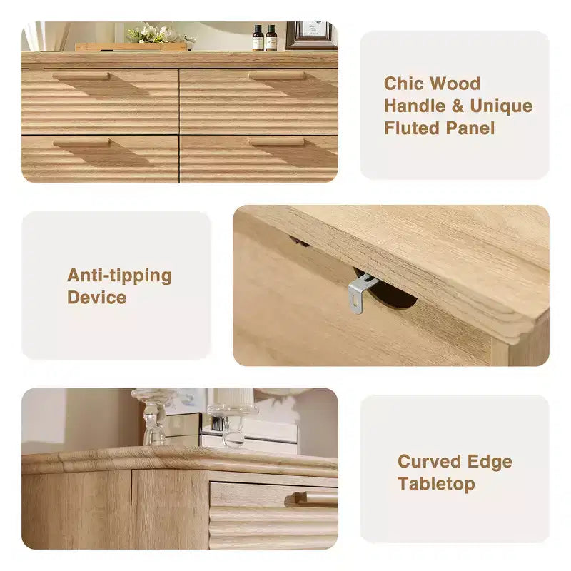 Zeus & Ruta Fluted 52 Modern Wood Dresser with 8 Drawers, Curved Design for Living Room & Hallway Storage