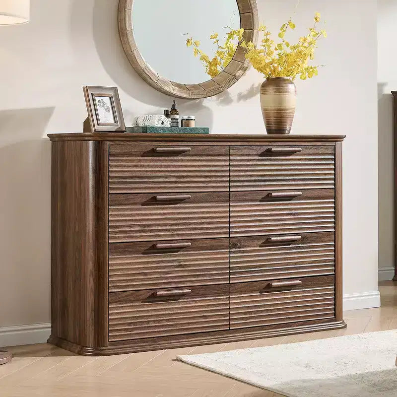 Zeus & Ruta Fluted 52 Modern Wood Dresser with 8 Drawers, Curved Design for Living Room & Hallway Storage