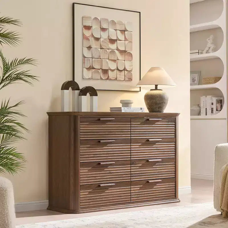 Zeus & Ruta Fluted 52 Modern Wood Dresser with 8 Drawers, Curved Design for Living Room & Hallway Storage