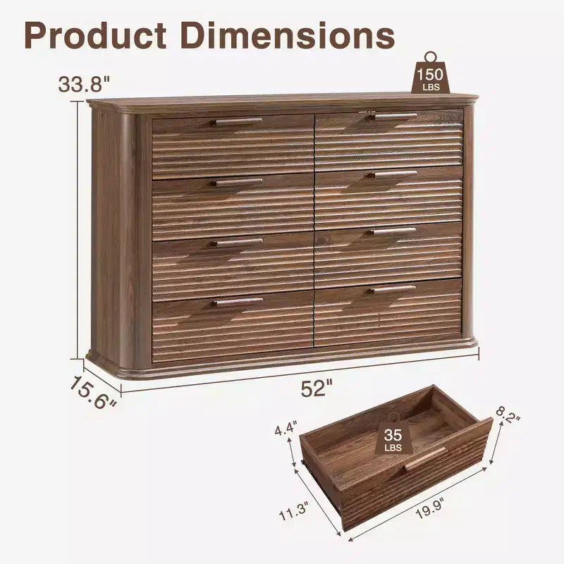 Zeus & Ruta Fluted 52 Modern Wood Dresser with 8 Drawers, Curved Design for Living Room & Hallway Storage