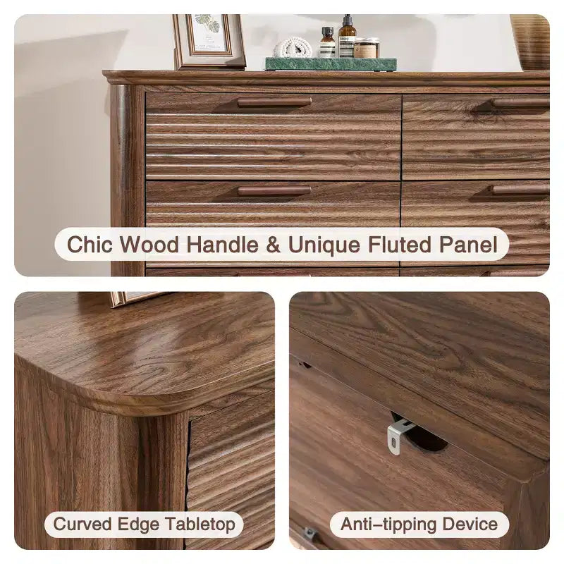 Zeus & Ruta Fluted 52 Modern Wood Dresser with 8 Drawers, Curved Design for Living Room & Hallway Storage