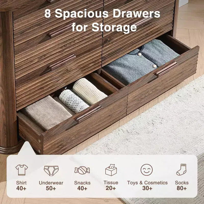 Zeus & Ruta Fluted 52 Modern Wood Dresser with 8 Drawers, Curved Design for Living Room & Hallway Storage