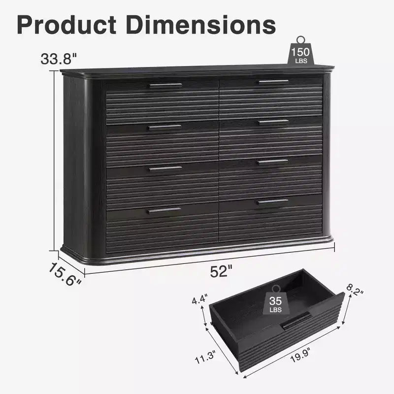 Zeus & Ruta Fluted 52 Modern Wood Dresser with 8 Drawers, Curved Design for Living Room & Hallway Storage
