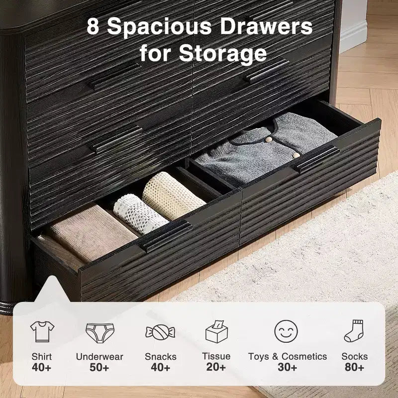 Zeus & Ruta Fluted 52 Modern Wood Dresser with 8 Drawers, Curved Design for Living Room & Hallway Storage