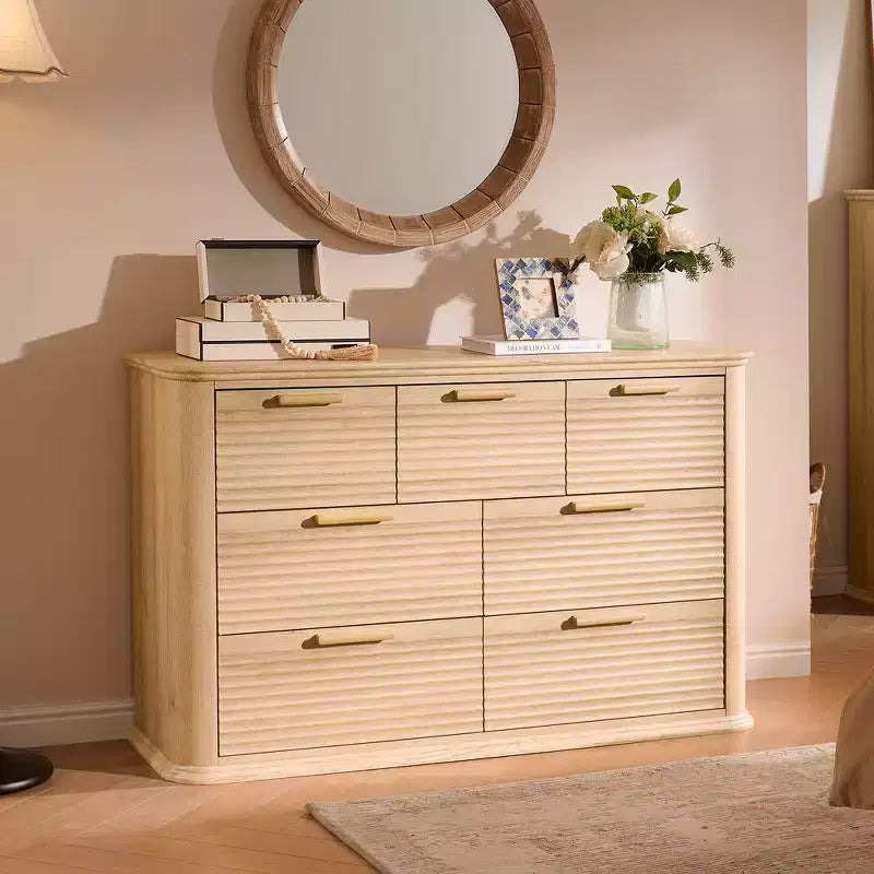 Zeus & Ruta Fluted 52 Modern Wood Dresser with 7 Drawers, Curved Design for Living Room & Hallway Storage