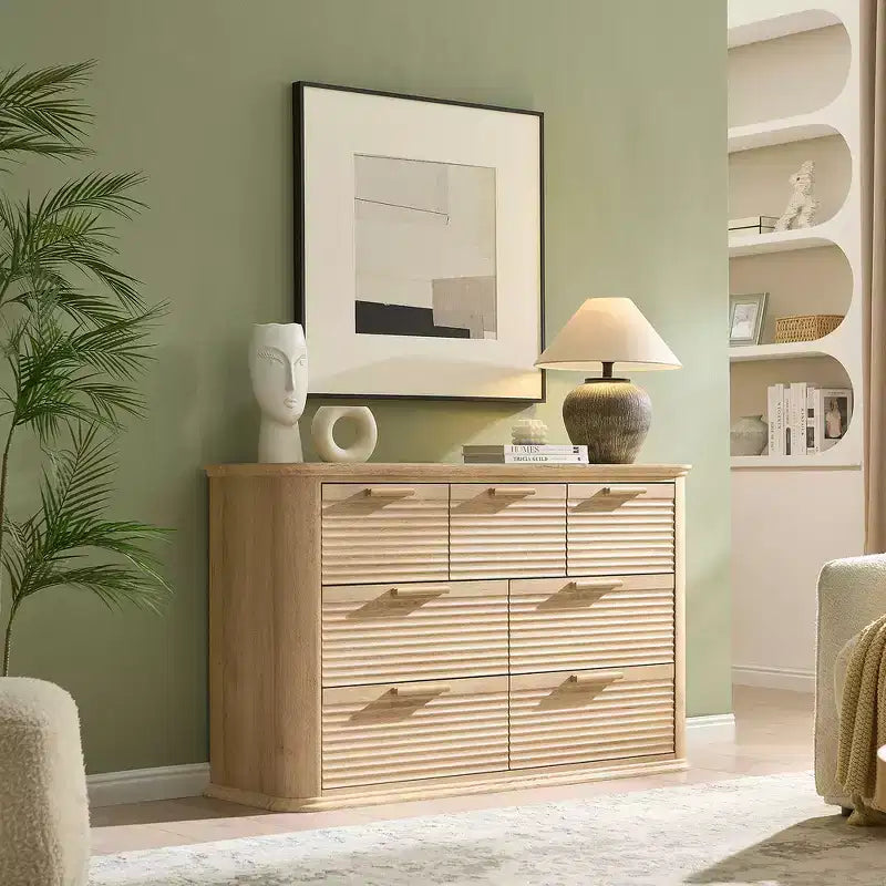 Zeus & Ruta Fluted 52 Modern Wood Dresser with 7 Drawers, Curved Design for Living Room & Hallway Storage