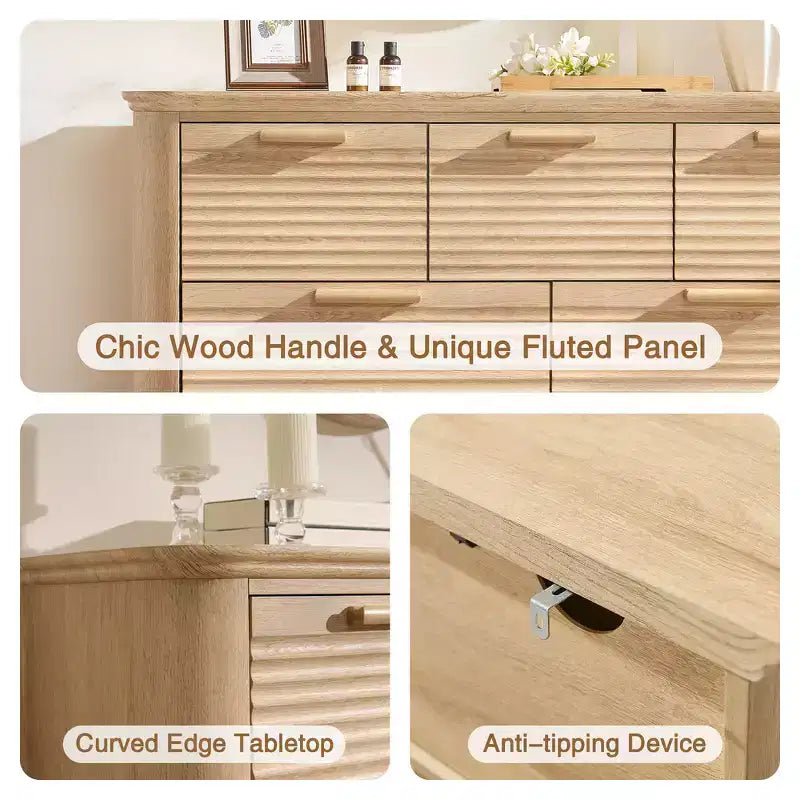 Zeus & Ruta Fluted 52 Modern Wood Dresser with 7 Drawers, Curved Design for Living Room & Hallway Storage