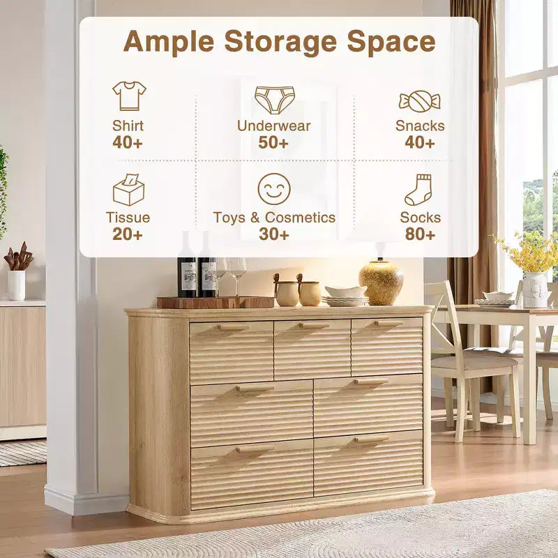 Zeus & Ruta Fluted 52 Modern Wood Dresser with 7 Drawers, Curved Design for Living Room & Hallway Storage