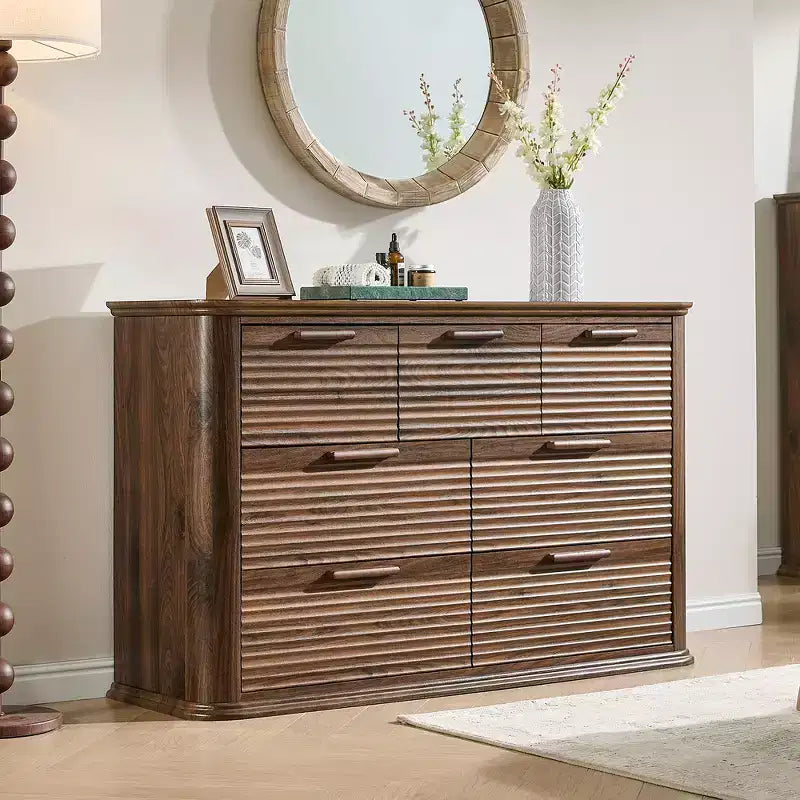 Zeus & Ruta Fluted 52 Modern Wood Dresser with 7 Drawers, Curved Design for Living Room & Hallway Storage