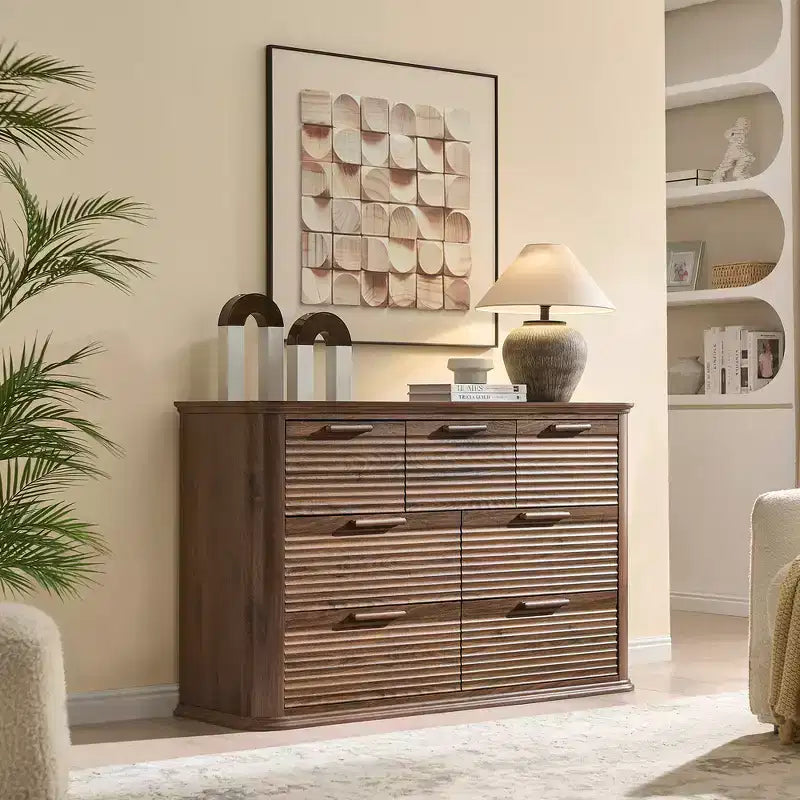 Zeus & Ruta Fluted 52 Modern Wood Dresser with 7 Drawers, Curved Design for Living Room & Hallway Storage