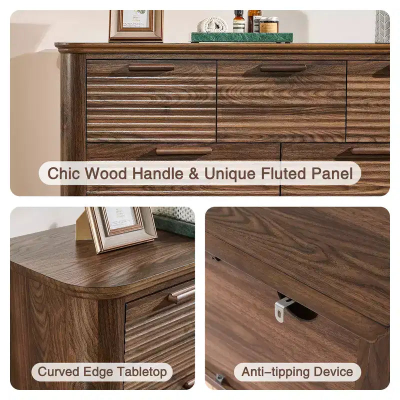 Zeus & Ruta Fluted 52 Modern Wood Dresser with 7 Drawers, Curved Design for Living Room & Hallway Storage
