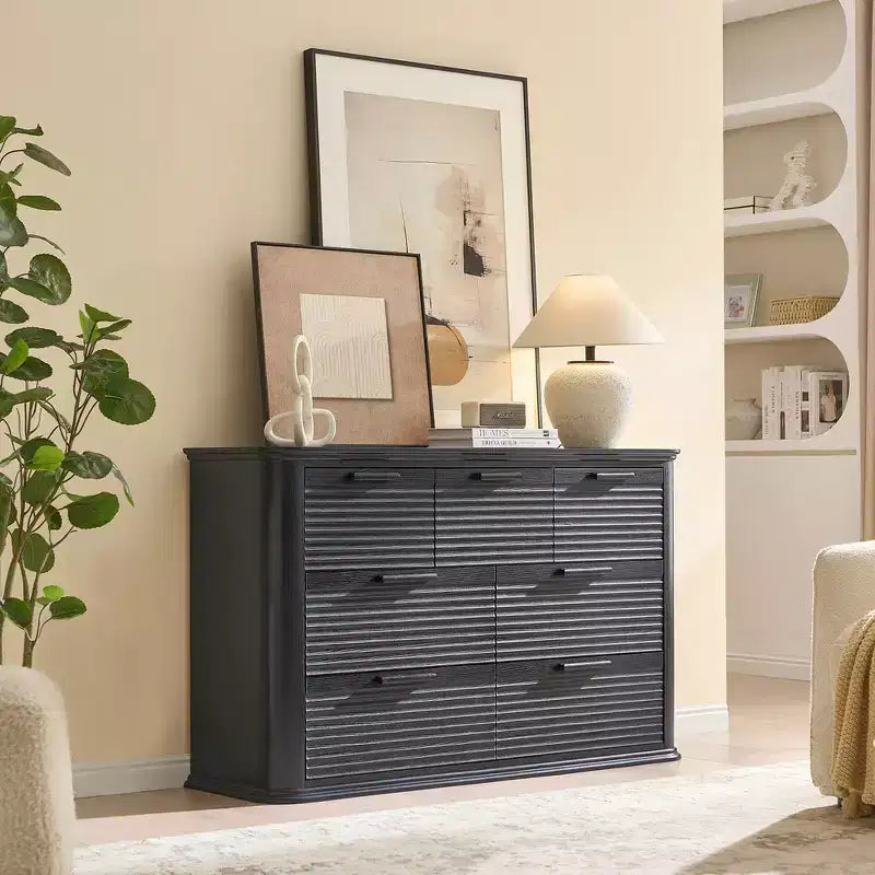 Zeus & Ruta Fluted 52 Modern Wood Dresser with 7 Drawers, Curved Design for Living Room & Hallway Storage