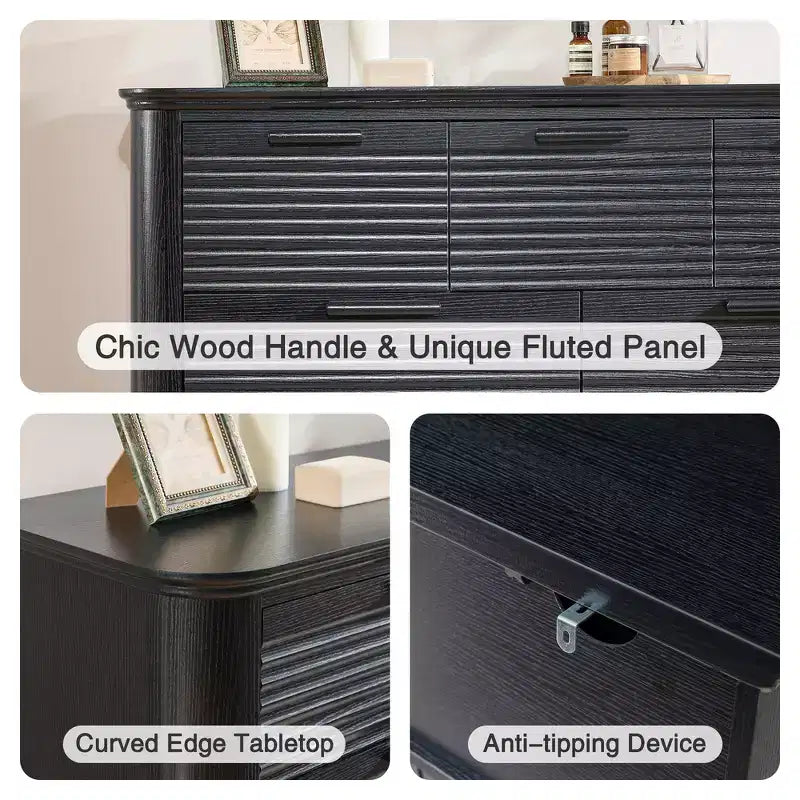 Zeus & Ruta Fluted 52 Modern Wood Dresser with 7 Drawers, Curved Design for Living Room & Hallway Storage