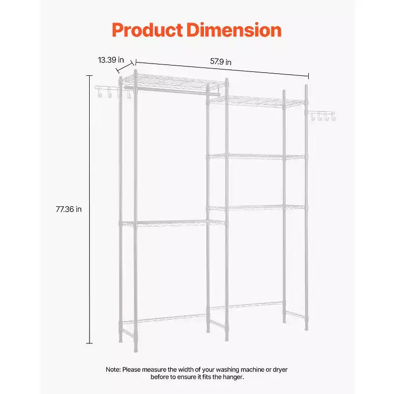 VEVOR Over Washer and Dryer Storage Shelves, 5 Tiers Laundry Room Drying Rack with Hanger Rod and Hooks, Two Rows Adjustable Washer Shelves, White