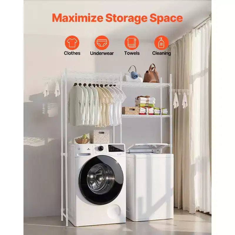 VEVOR Over Washer and Dryer Storage Shelves, 5 Tiers Laundry Room Drying Rack with Hanger Rod and Hooks, Two Rows Adjustable Washer Shelves, White