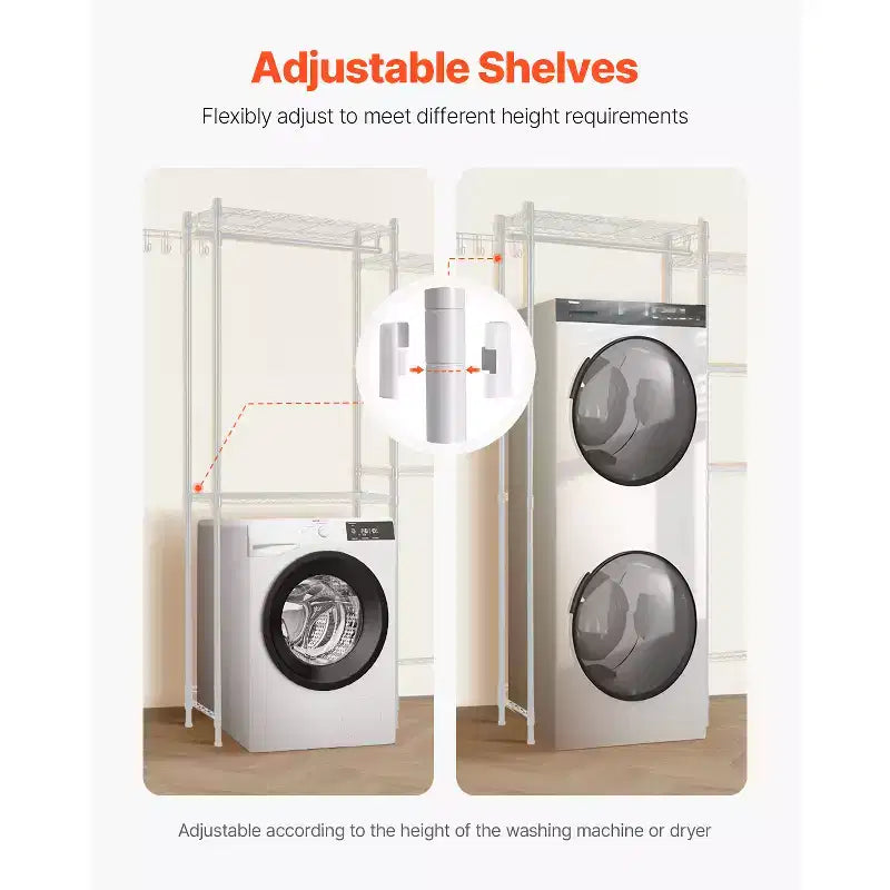 VEVOR Over Washer and Dryer Storage Shelves, 5 Tiers Laundry Room Drying Rack with Hanger Rod and Hooks, Two Rows Adjustable Washer Shelves, White