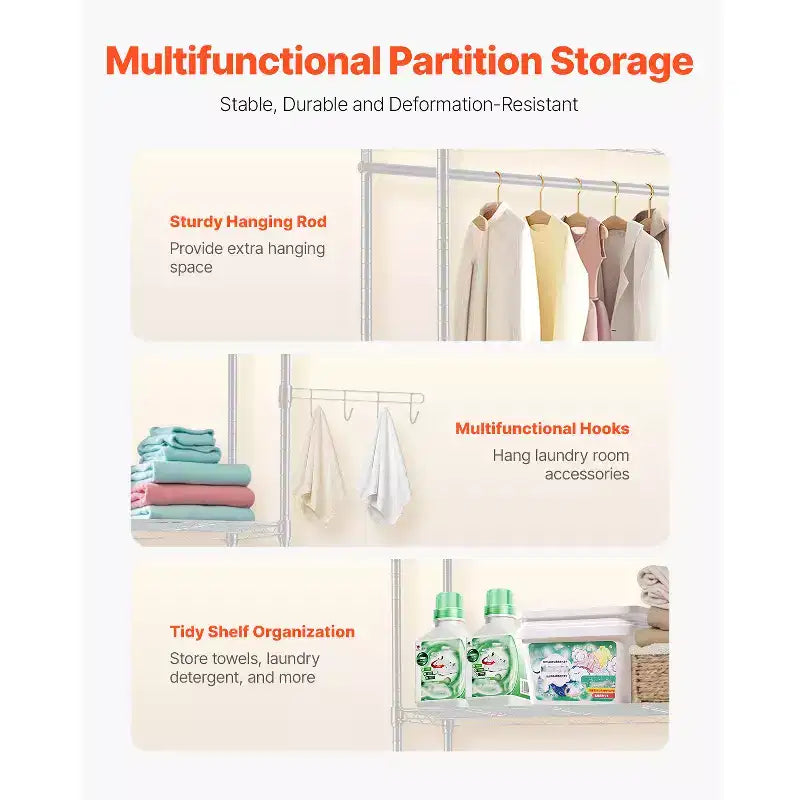 VEVOR Over Washer and Dryer Storage Shelves, 5 Tiers Laundry Room Drying Rack with Hanger Rod and Hooks, Two Rows Adjustable Washer Shelves, White