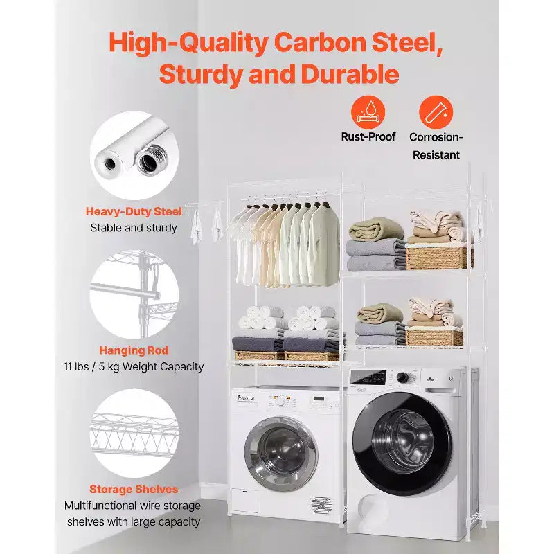 VEVOR Over Washer and Dryer Storage Shelves, 5 Tiers Laundry Room Drying Rack with Hanger Rod and Hooks, Two Rows Adjustable Washer Shelves, White
