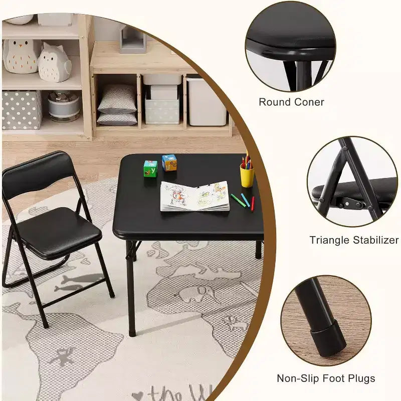 Acekool 3-Piece Folding Table and Chairs Set, Portable Kids Table with Soft Cushion Seats, No Assembly