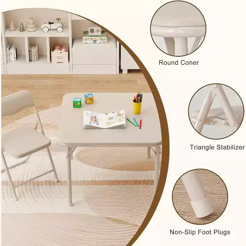 Acekool 3-Piece Folding Table and Chairs Set, Portable Kids Table with Soft Cushion Seats, No Assembly