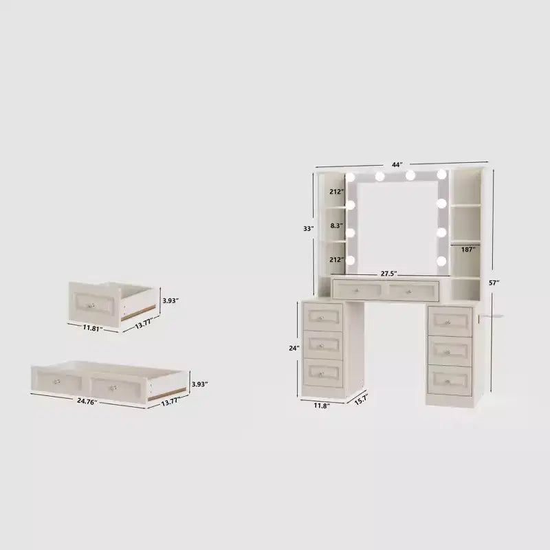 GDFStudio Fina Modern Mirror Vanity Table with Lights, Charging Station, 7 Drawers and Open Shelves