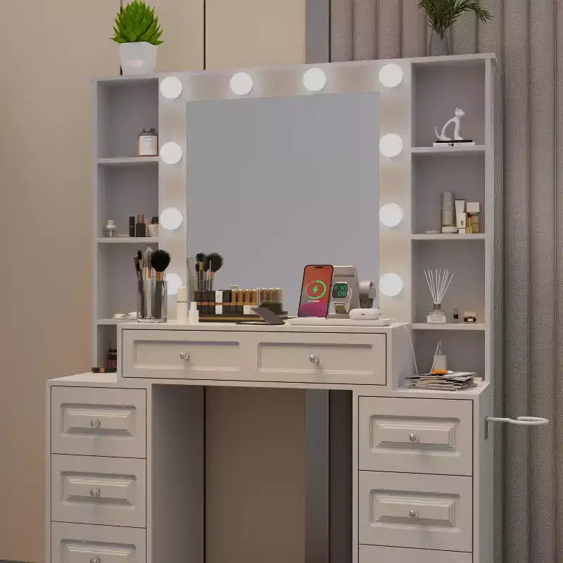 GDFStudio Fina Modern Mirror Vanity Table with Lights, Charging Station, 7 Drawers and Open Shelves