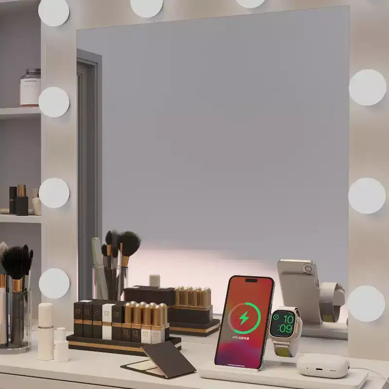 GDFStudio Fina Modern Mirror Vanity Table with Lights, Charging Station, 7 Drawers and Open Shelves