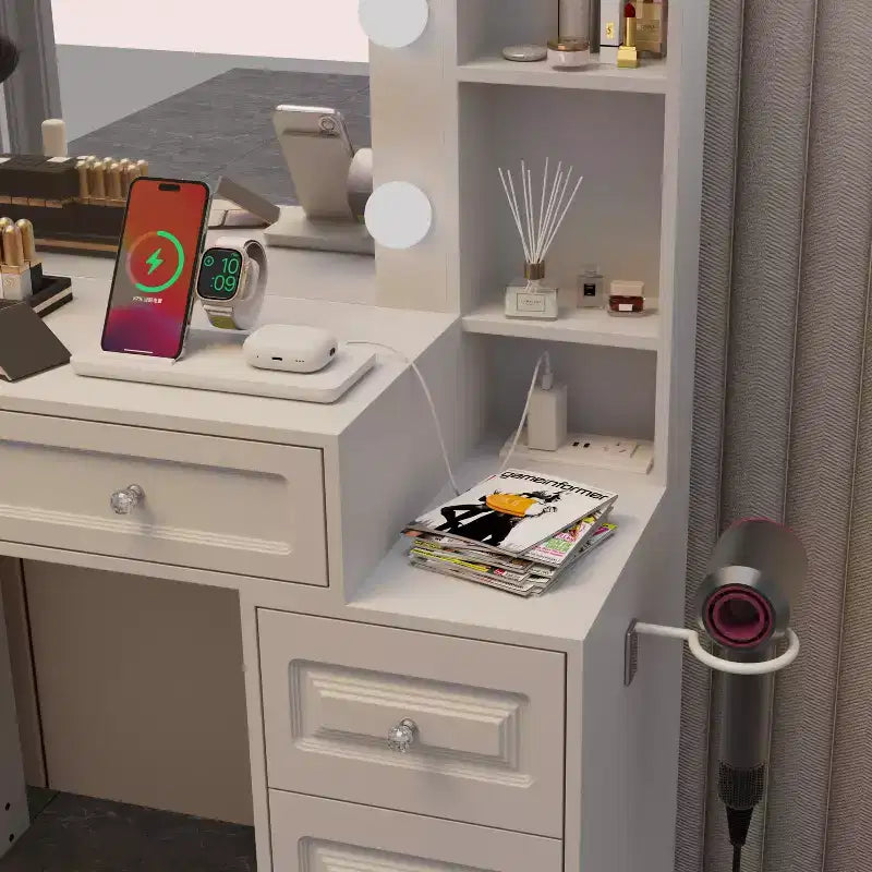 GDFStudio Fina Modern Mirror Vanity Table with Lights, Charging Station, 7 Drawers and Open Shelves