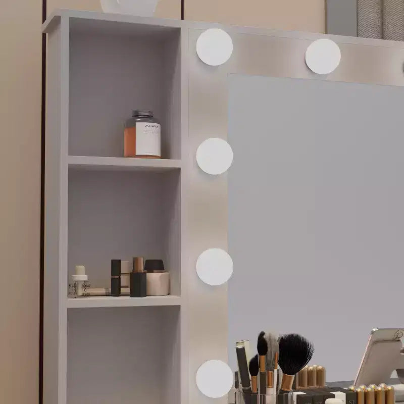 GDFStudio Fina Modern Mirror Vanity Table with Lights, Charging Station, 7 Drawers and Open Shelves