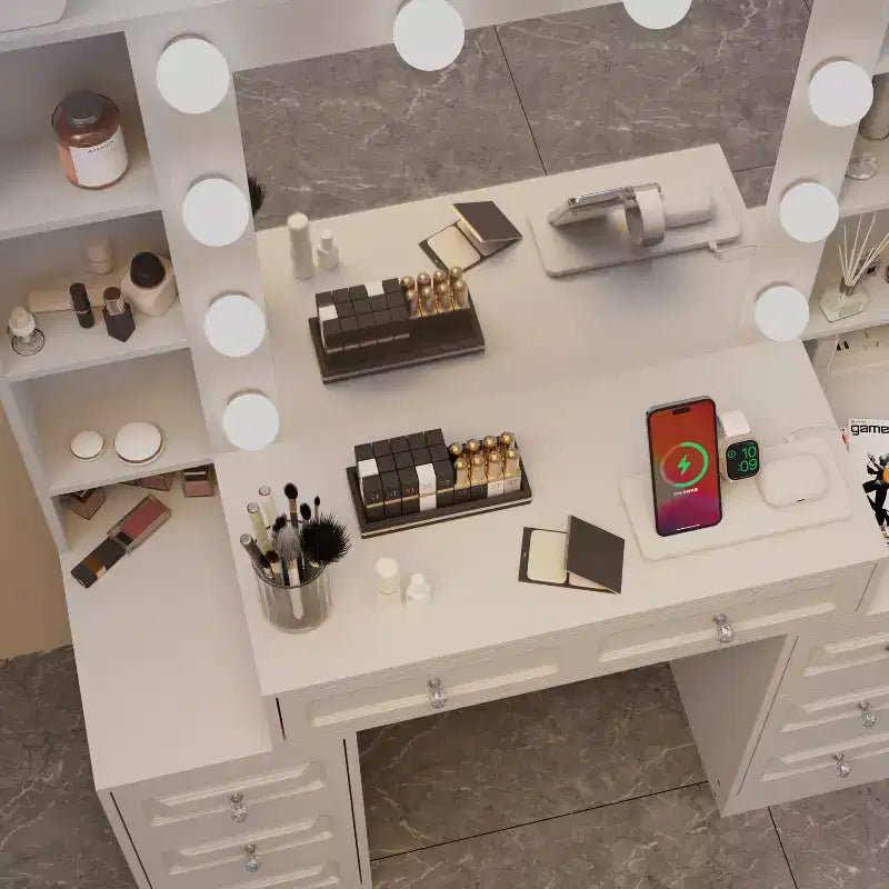 GDFStudio Fina Modern Mirror Vanity Table with Lights, Charging Station, 7 Drawers and Open Shelves