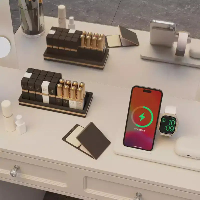 GDFStudio Fina Modern Mirror Vanity Table with Lights, Charging Station, 7 Drawers and Open Shelves