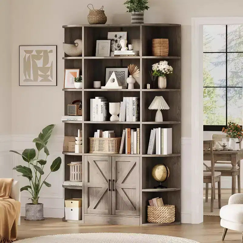 Modern 75 Tall 6-Tier Kids' Bookshelf with Cabinet & Doors - Wooden Storage Organizer & Display for Bedroom, Living Room & Home Office.