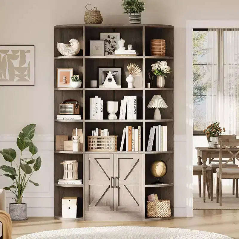 Modern 75 Tall 6-Tier Kids' Bookshelf with Cabinet & Doors - Wooden Storage Organizer & Display for Bedroom, Living Room & Home Office.