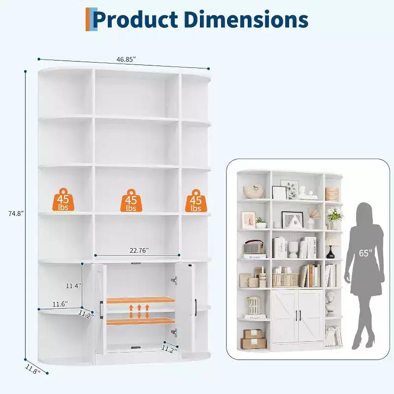 Modern 75 Tall 6-Tier Kids' Bookshelf with Cabinet & Doors - Wooden Storage Organizer & Display for Bedroom, Living Room & Home Office.