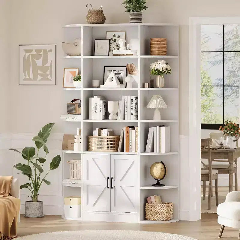 Modern 75 Tall 6-Tier Kids' Bookshelf with Cabinet & Doors - Wooden Storage Organizer & Display for Bedroom, Living Room & Home Office.