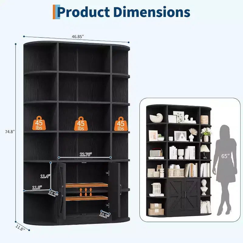 Modern 75 Tall 6-Tier Kids' Bookshelf with Cabinet & Doors - Wooden Storage Organizer & Display for Bedroom, Living Room & Home Office.